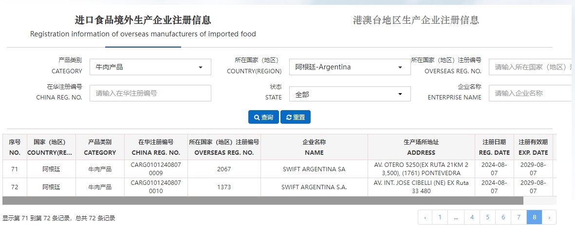 阿根廷输华肉类企业名单-牛肉